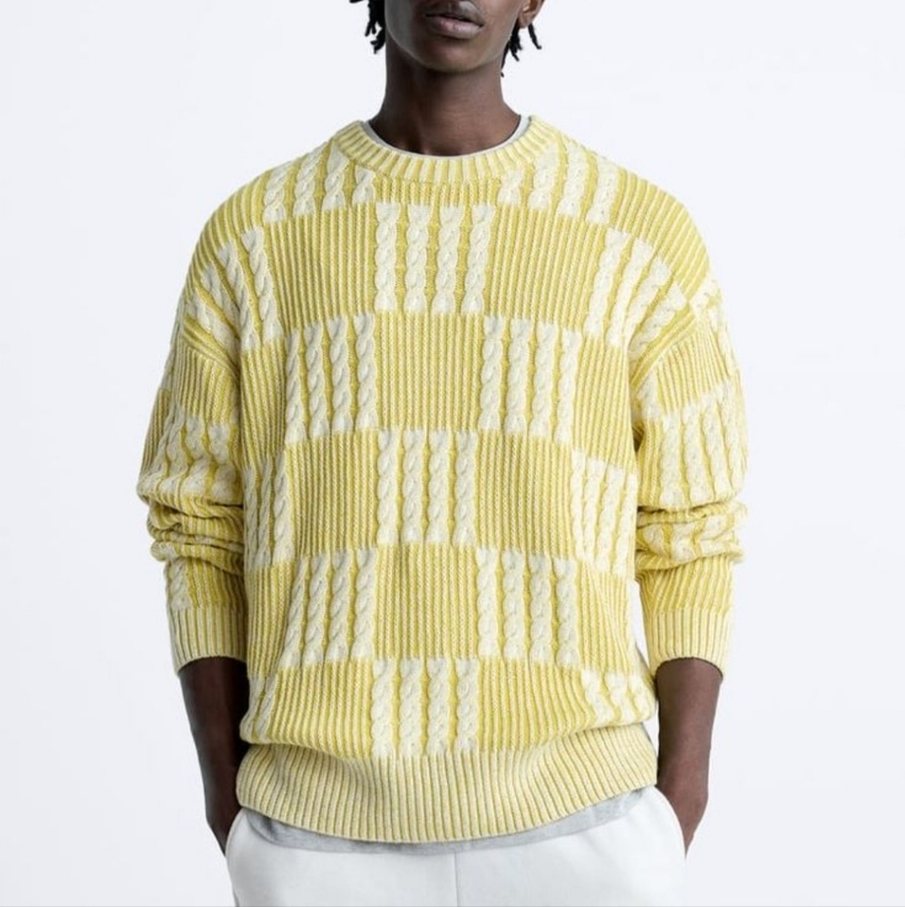 Zara Men's Yellow Sweater Cable-knit Texture Pattern Geometric Checkered sz Med